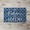 Blue with White The Kitchen is Open Text Floor Mat